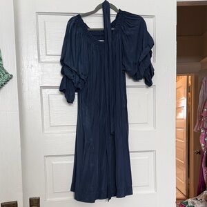 Puff-Sleeve Midi Dress in Navy